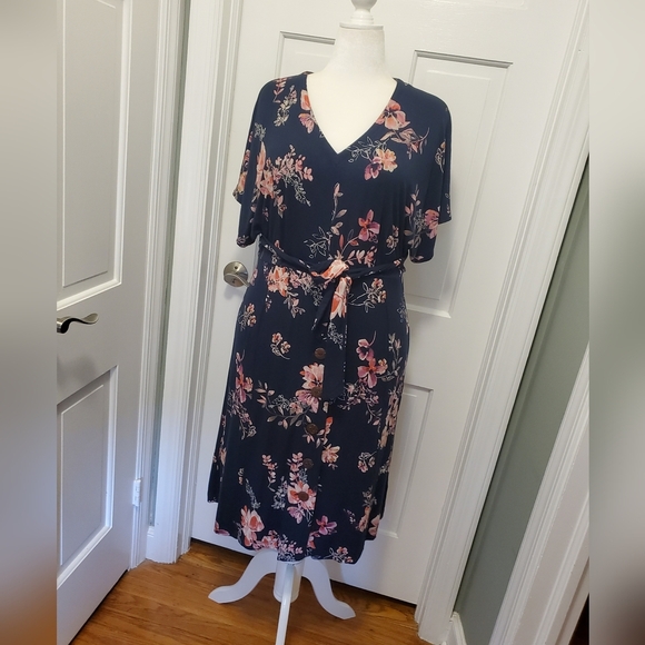 J.Jill Floral Print V-Neck Dolman-Sleeve Dress Size LP, Stretch, Belted - Picture 1 of 12